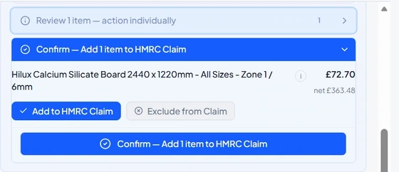 Example invoice review panel with a building-material line item, its VAT amount, and individual add-to-claim or exclude-from-claim controls.