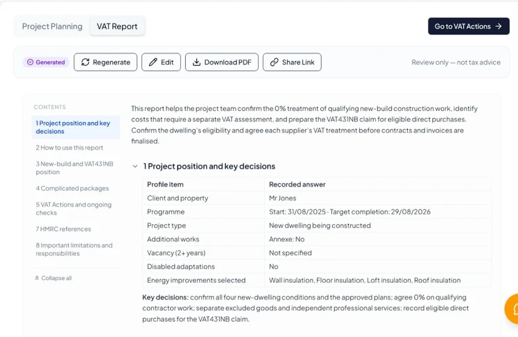 431NB qualifying new-build example planning report showing VAT Opportunities and supporting information.