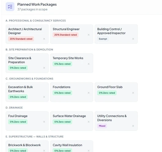 Project planning work packages with tasks and their project-specific VAT treatment.
